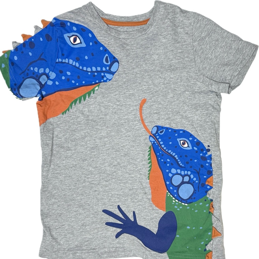 Mini Boden Gray Tee with Iguanas in blue, green and orange